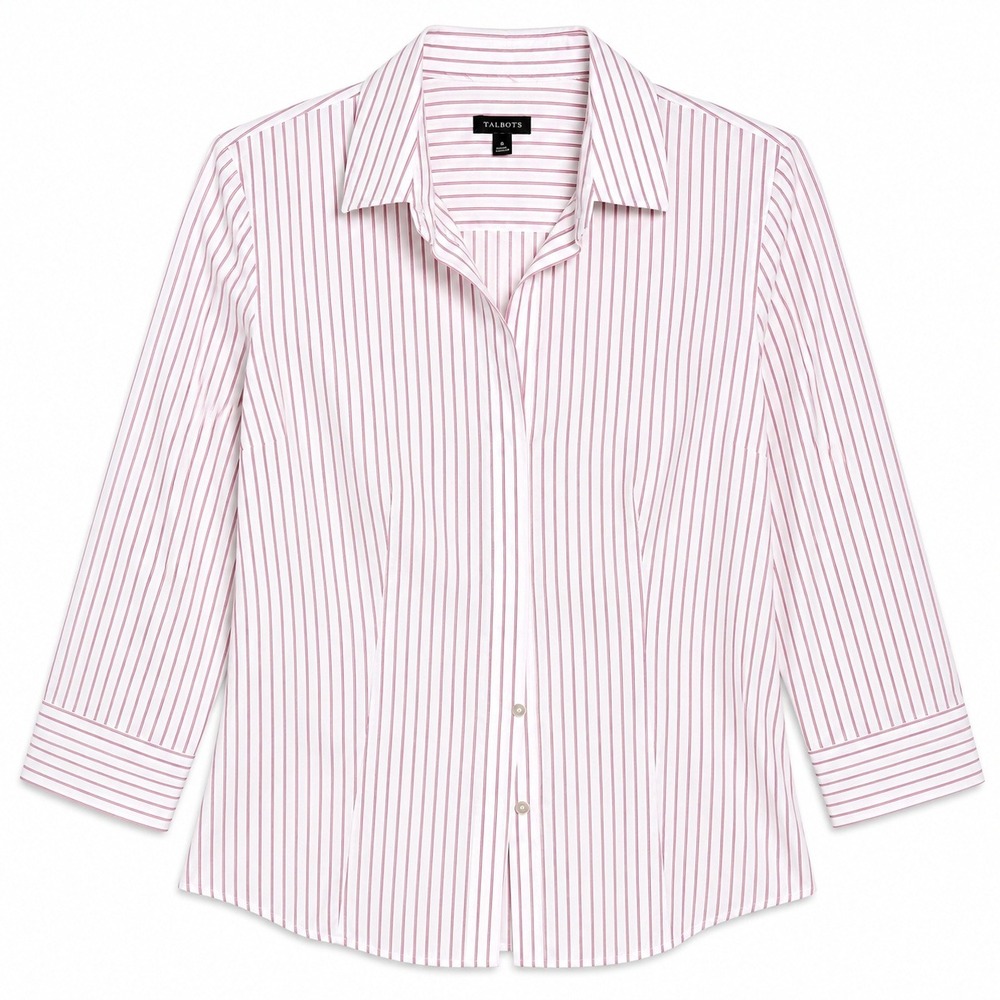 Talbots Womens‎ Size 6 Classic Red White Striped 3/4 Sleeve Button Up Shirt
